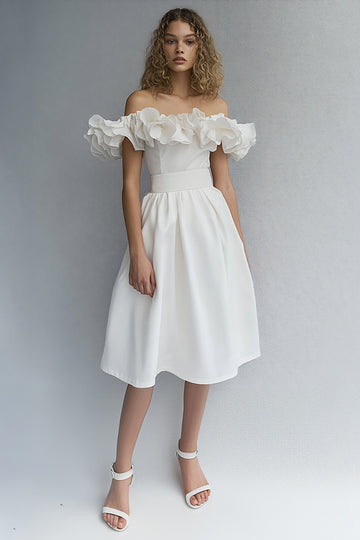 Off The Shoulder A Line White Graduation Dress with Ruffles